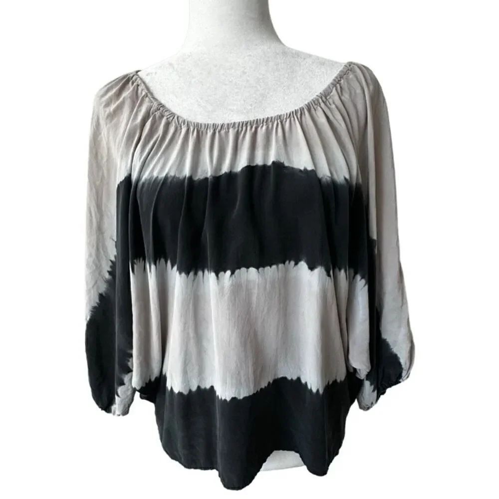 Joie 100% Silk Blouse Gray Black Pullover Bat Wing Sleeves SZ M